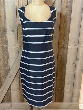 Ann Taylor Navy Blue Striped Cotton Sheath Dress Cutout Back Sleeveless Nautical
